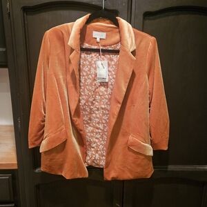 NWT Skies Are Blue Golden Mustard Velvet Floral Lined Blazer Scrunched Sleeves